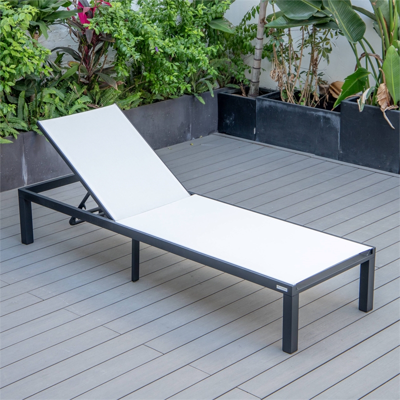 LeisureMod Marlin Patio Chaise Lounge Chair With Black Aluminum Frame White