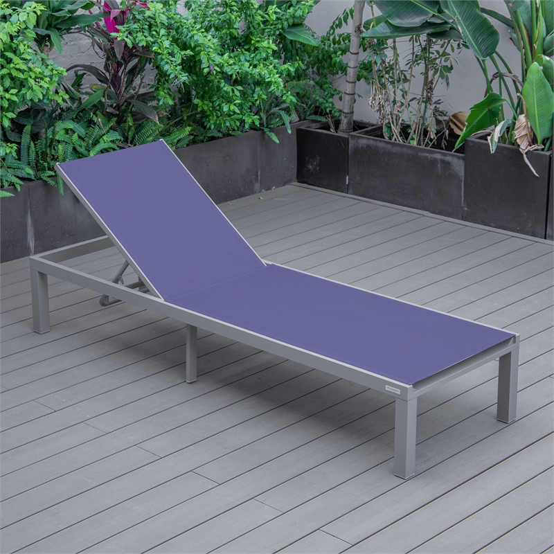 LeisureMod Marlin Patio Chaise Lounge Chair With Black Aluminum Frame Navy Blue