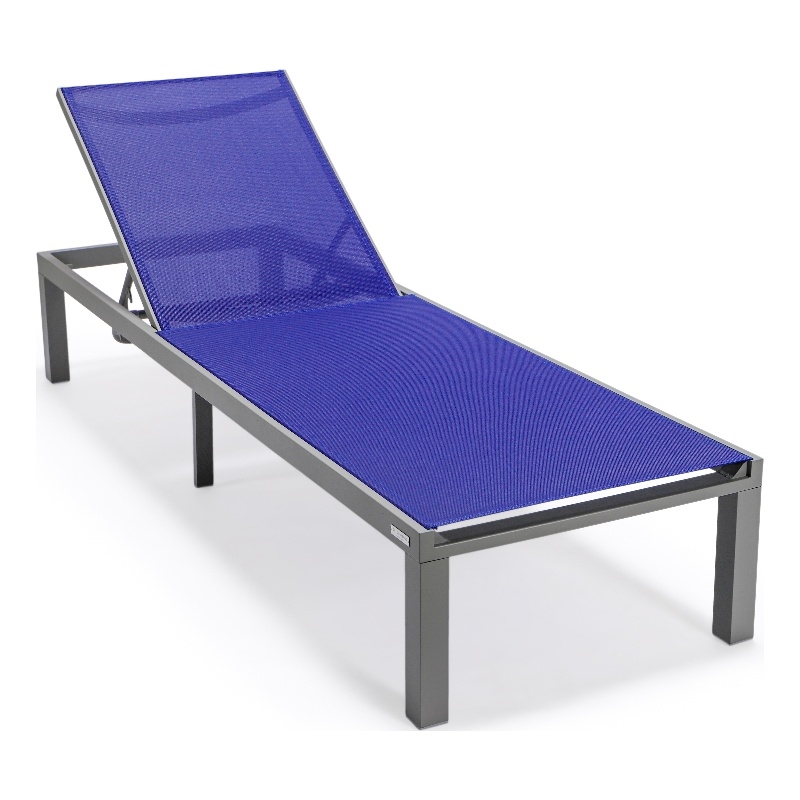 LeisureMod Marlin Patio Chaise Lounge Chair With Black Aluminum Frame Navy Blue