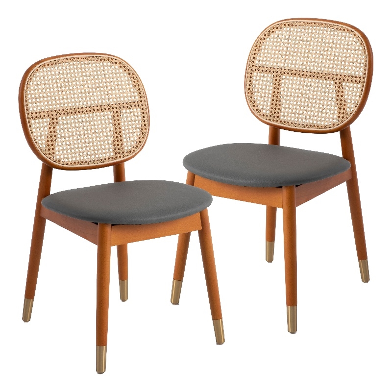 LeisureMod Holbeck Wicker Dining Chair with Wood Legs Set of 2 Gray