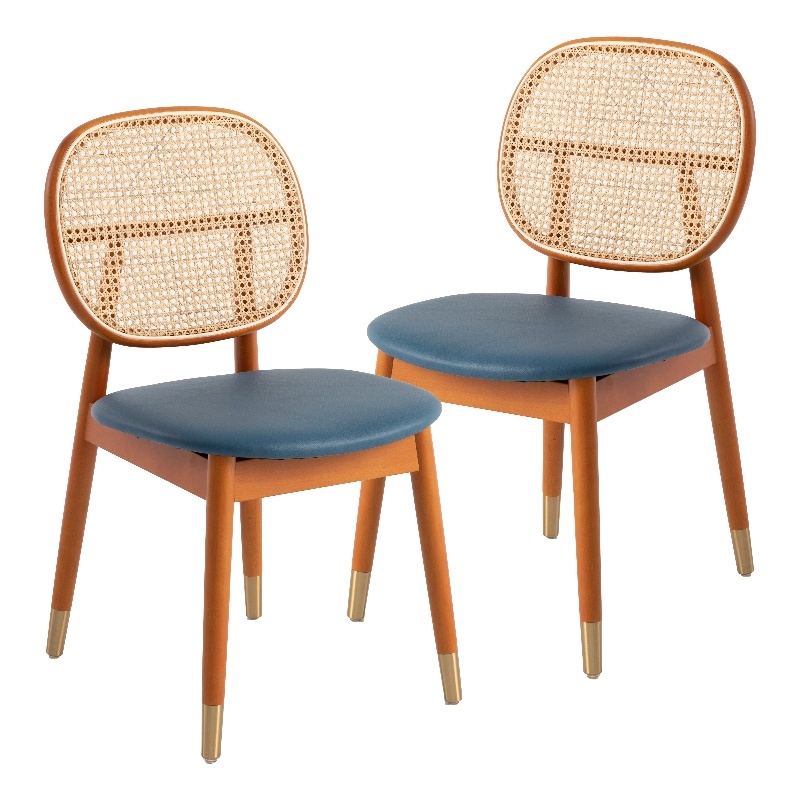 LeisureMod Holbeck Wicker Dining Chair with Wood Legs Set of 2 Navy Blue