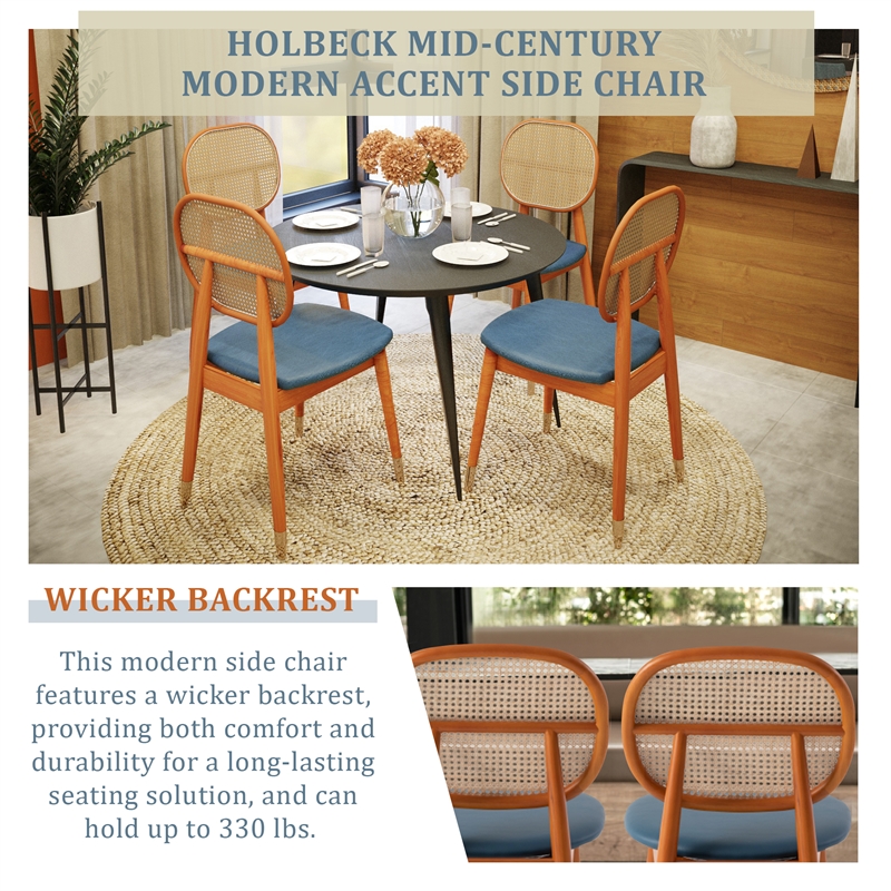 LeisureMod Holbeck Wicker Dining Chair with Wood Legs Set of 2 Navy Blue
