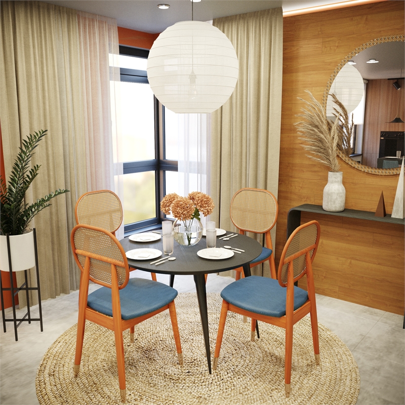 LeisureMod Holbeck Wicker Dining Chair with Wood Legs Set of 2 Navy Blue