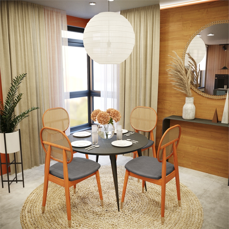 LeisureMod Holbeck Wicker Dining Chair with Wood Legs Set of 4 Gray