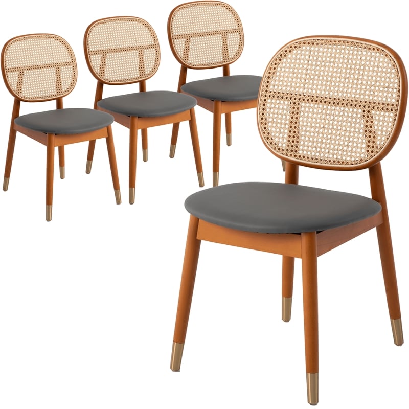 LeisureMod Holbeck Wicker Dining Chair with Wood Legs Set of 4 Gray