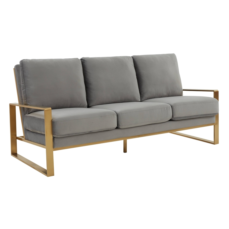 Leisuremod Jefferson Modern Design Velvet Sofa With Gold Frame Light Gray