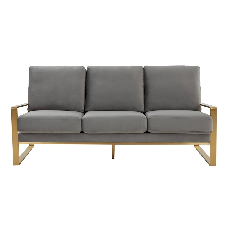 Leisuremod Jefferson Modern Design Velvet Sofa With Gold Frame Light Gray
