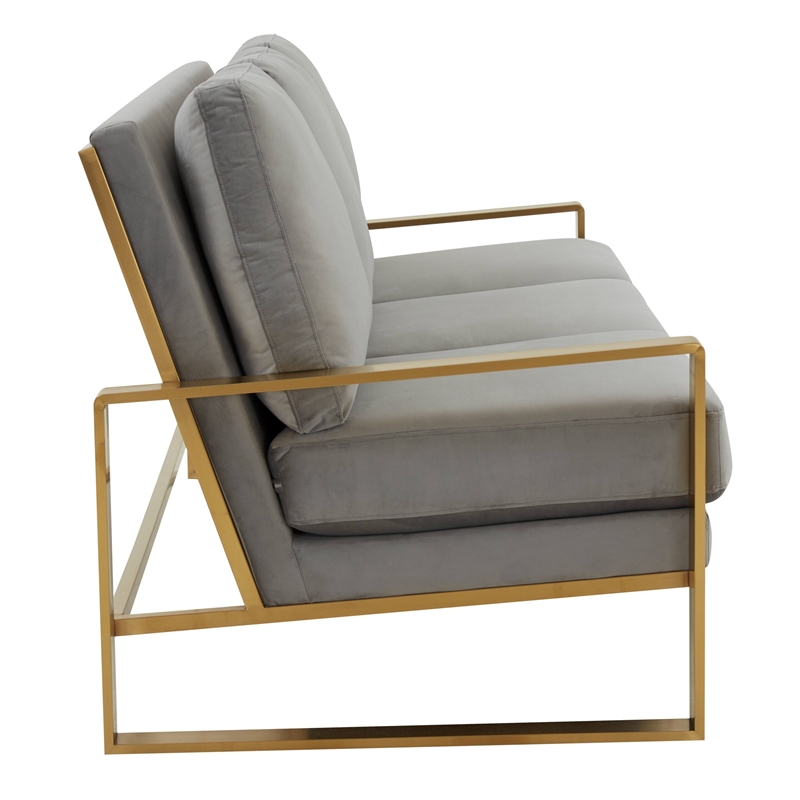 Leisuremod Jefferson Modern Design Velvet Sofa With Gold Frame Light Gray