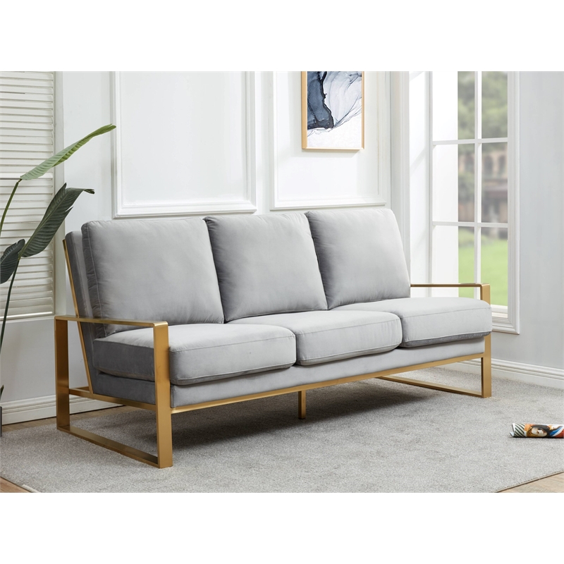 Leisuremod Jefferson Modern Design Velvet Sofa With Gold Frame Light Gray