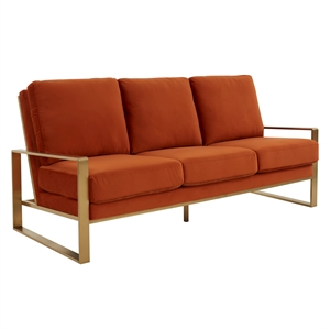 Leisuremod Jefferson Modern Design Velvet Sofa With Gold Frame Orange
