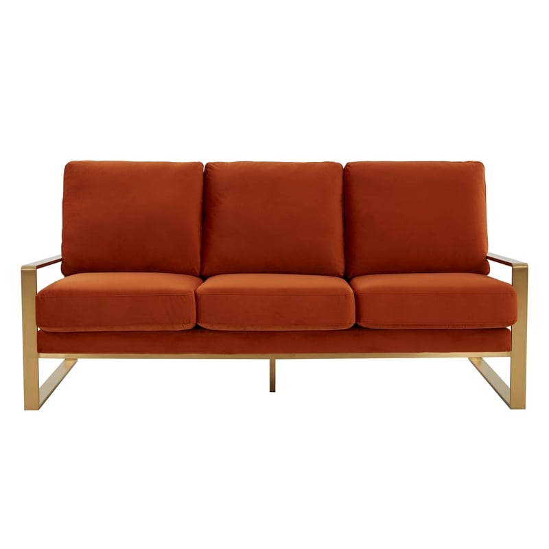 Leisuremod Jefferson Modern Design Velvet Sofa With Gold Frame Orange
