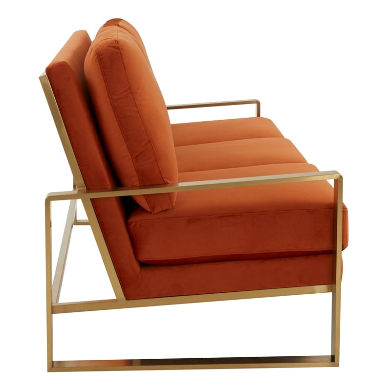 Leisuremod Jefferson Modern Design Velvet Sofa With Gold Frame Orange