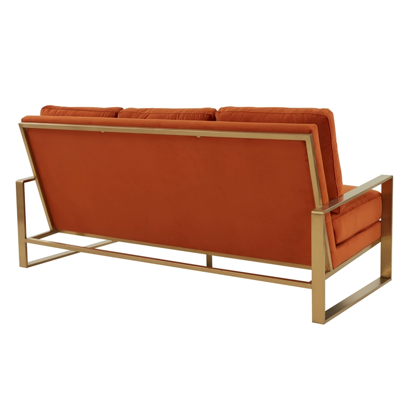 Leisuremod Jefferson Modern Design Velvet Sofa With Gold Frame Orange