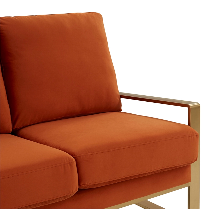 Leisuremod Jefferson Modern Design Velvet Sofa With Gold Frame Orange