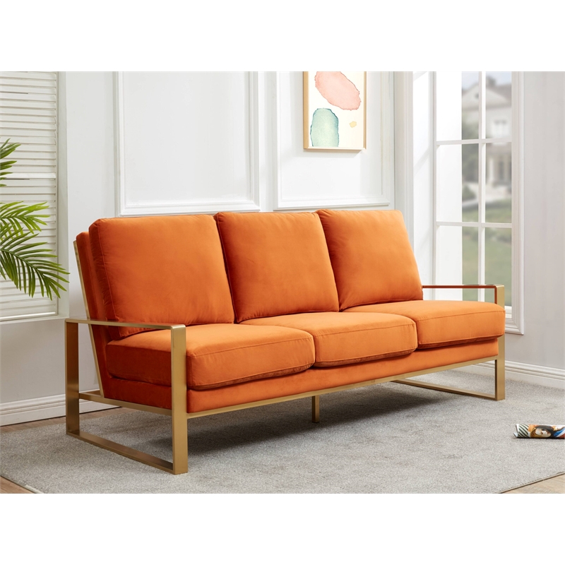 Leisuremod Jefferson Modern Design Velvet Sofa With Gold Frame Orange