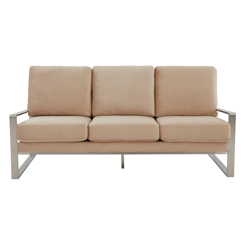 Leisuremod Jefferson Modern Design Velvet Sofa With Silver Frame Beige