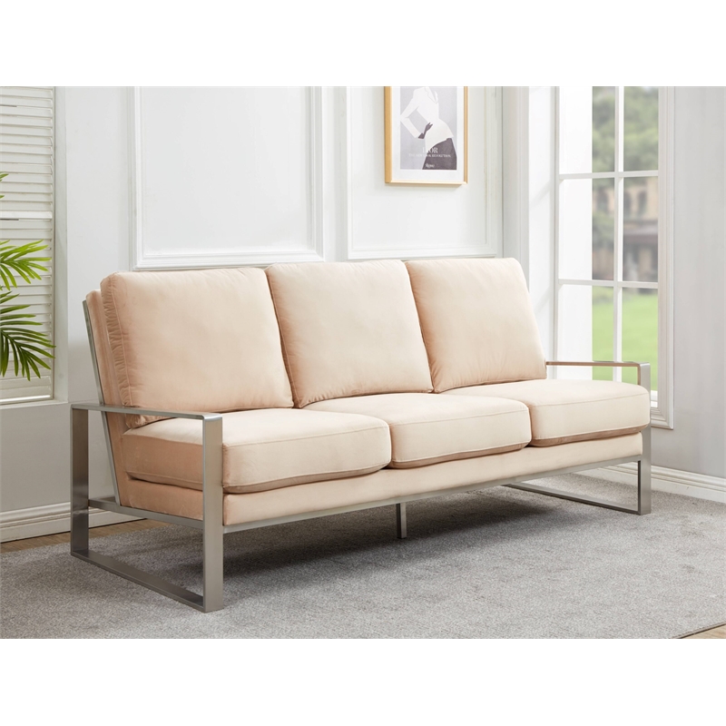 Leisuremod Jefferson Modern Design Velvet Sofa With Silver Frame Beige