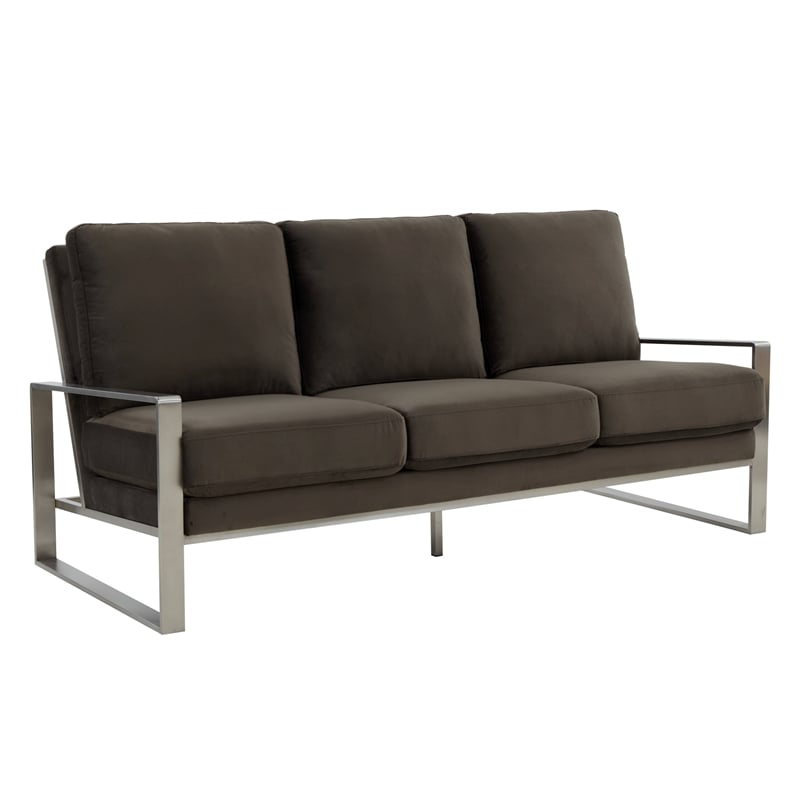 Leisuremod Jefferson Modern Design Velvet Sofa With Silver Frame Dark Gray