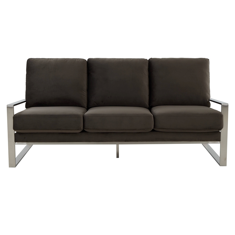 Leisuremod Jefferson Modern Design Velvet Sofa With Silver Frame Dark Gray