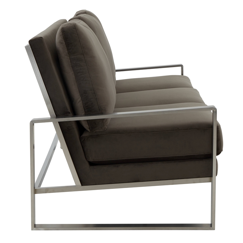 Leisuremod Jefferson Modern Design Velvet Sofa With Silver Frame Dark Gray