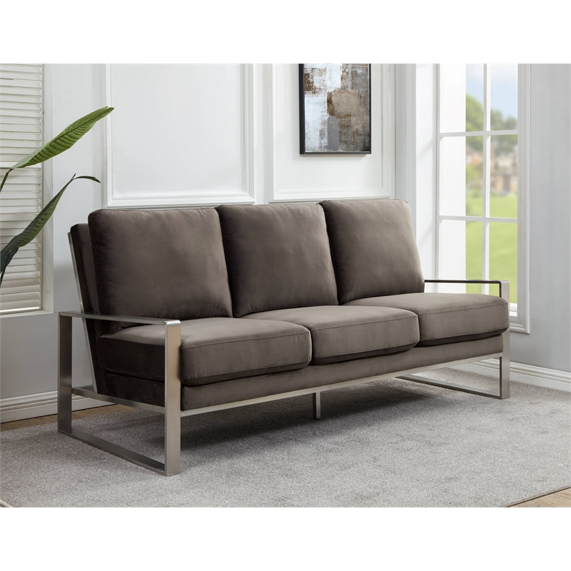 Leisuremod Jefferson Modern Design Velvet Sofa With Silver Frame Dark Gray