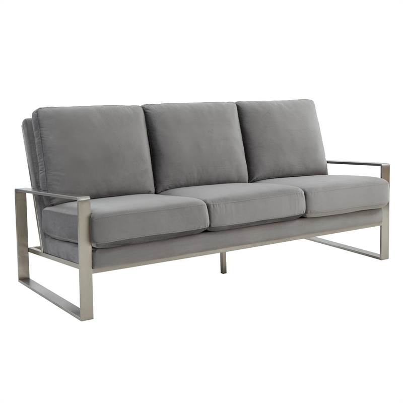 Leisuremod Jefferson Modern Design Velvet Sofa With Silver Frame Light Gray
