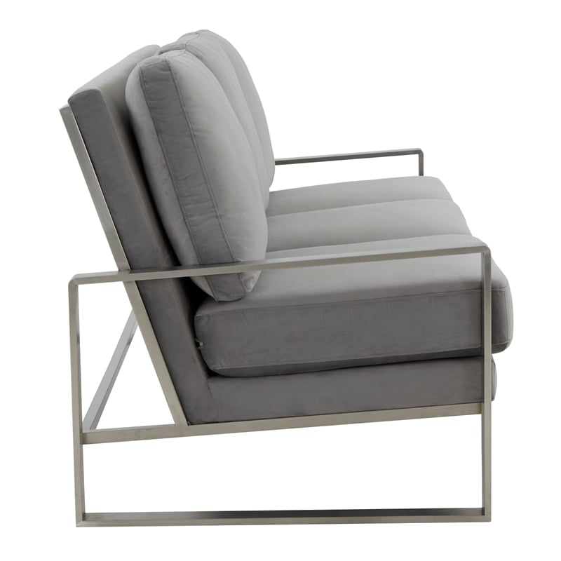 Leisuremod Jefferson Modern Design Velvet Sofa With Silver Frame Light Gray