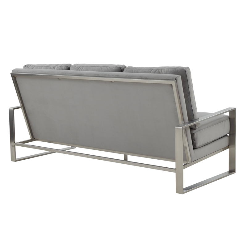 Leisuremod Jefferson Modern Design Velvet Sofa With Silver Frame Light Gray