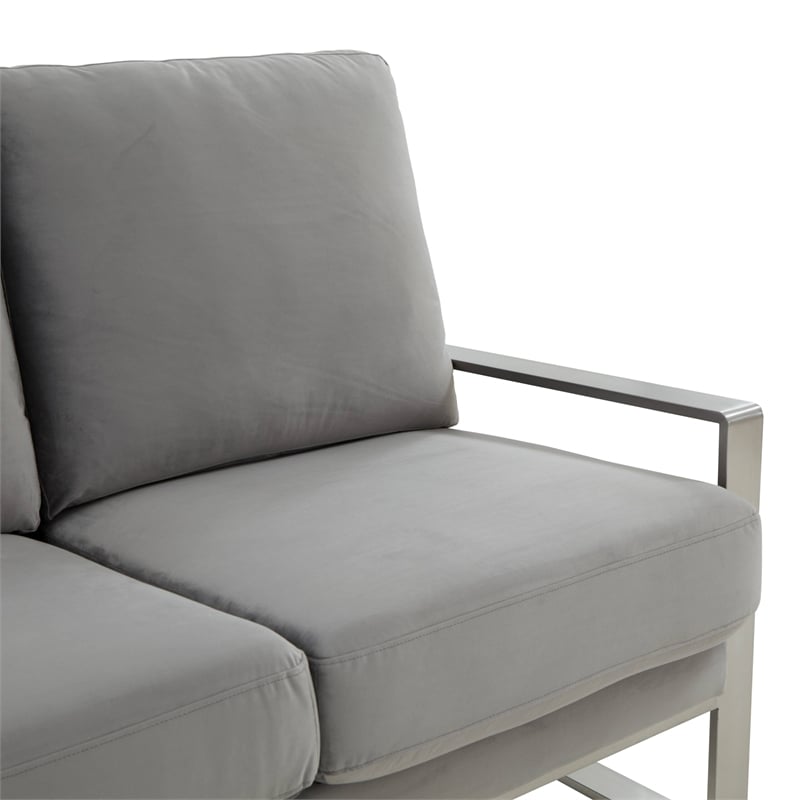 Leisuremod Jefferson Modern Design Velvet Sofa With Silver Frame Light Gray
