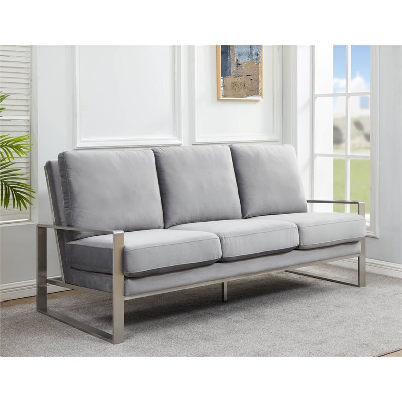 Leisuremod Jefferson Modern Design Velvet Sofa With Silver Frame Light Gray