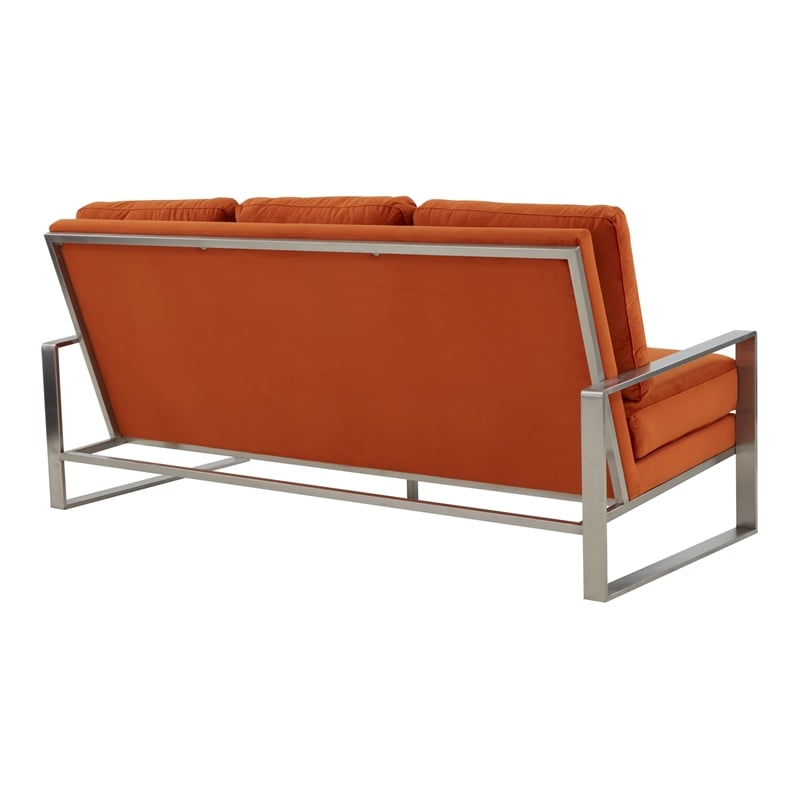 Leisuremod Jefferson Modern Design Velvet Sofa With Silver Frame Orange