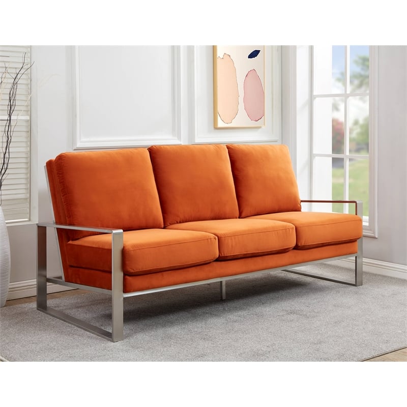 Leisuremod Jefferson Modern Design Velvet Sofa With Silver Frame Orange