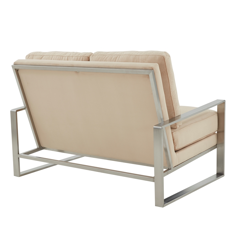 Leisuremod Jefferson Modern Design Velvet Loveseat With Silver Frame Beige