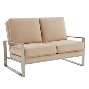 Leisuremod Jefferson Modern Design Velvet Loveseat With Silver Frame Beige