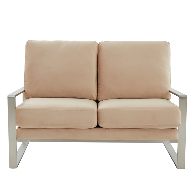 Leisuremod Jefferson Modern Design Velvet Loveseat With Silver Frame Beige