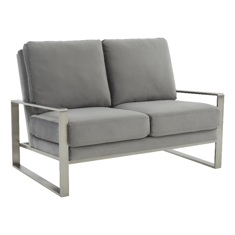 Leisuremod Jefferson Modern Design Velvet Loveseat With Silver Frame Light Gray