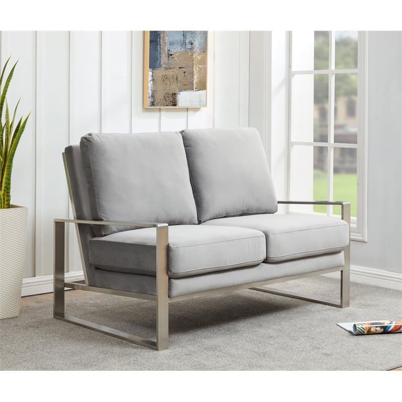 Leisuremod Jefferson Modern Design Velvet Loveseat With Silver Frame Light Gray