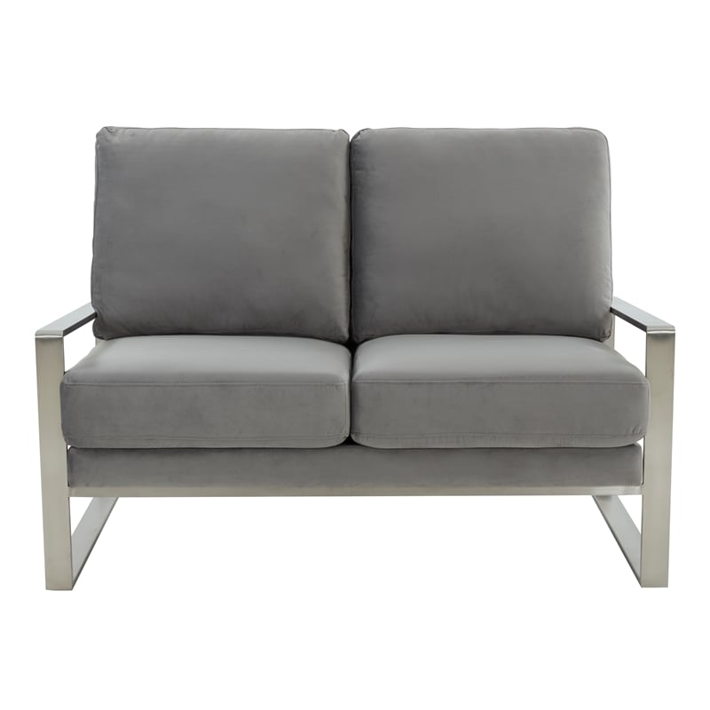 Leisuremod Jefferson Modern Design Velvet Loveseat With Silver Frame Light Gray