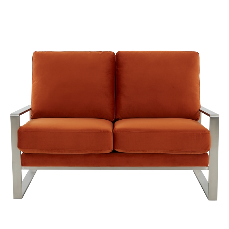 Leisuremod Jefferson Modern Design Velvet Loveseat With Silver Frame Orange