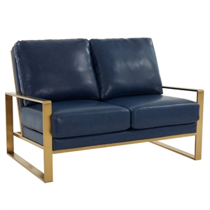 LeisureMod Jefferson Faux Leather Design Loveseat With Gold Frame Navy Blue
