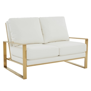 LeisureMod Jefferson Faux Leather Design Loveseat With Gold Frame White
