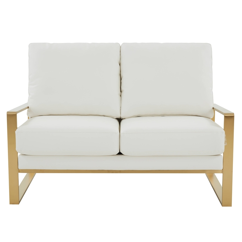 LeisureMod Jefferson Faux Leather Design Loveseat With Gold Frame White
