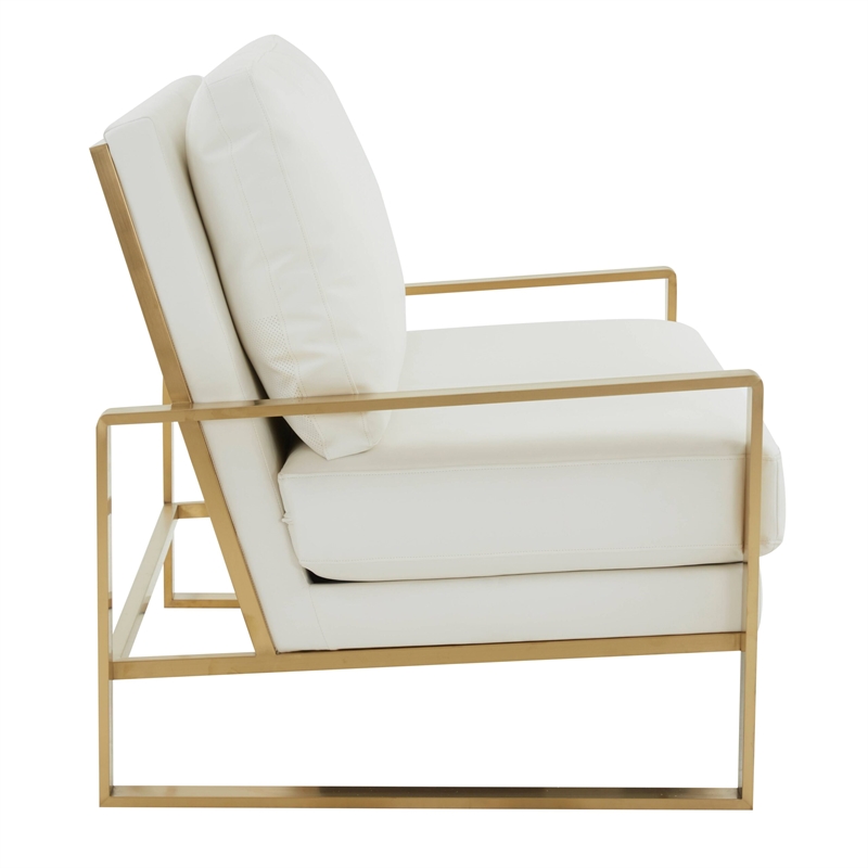 LeisureMod Jefferson Faux Leather Design Loveseat With Gold Frame White