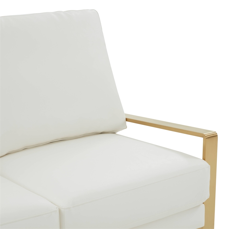 LeisureMod Jefferson Faux Leather Design Loveseat With Gold Frame White