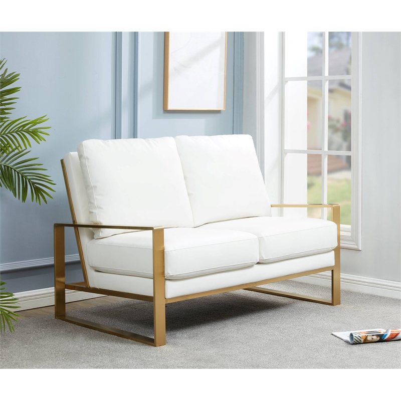 LeisureMod Jefferson Faux Leather Design Loveseat With Gold Frame White