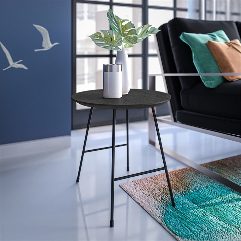 LeisureMod Rossmore Round Side Table With Wood Top and Black Frame Black
