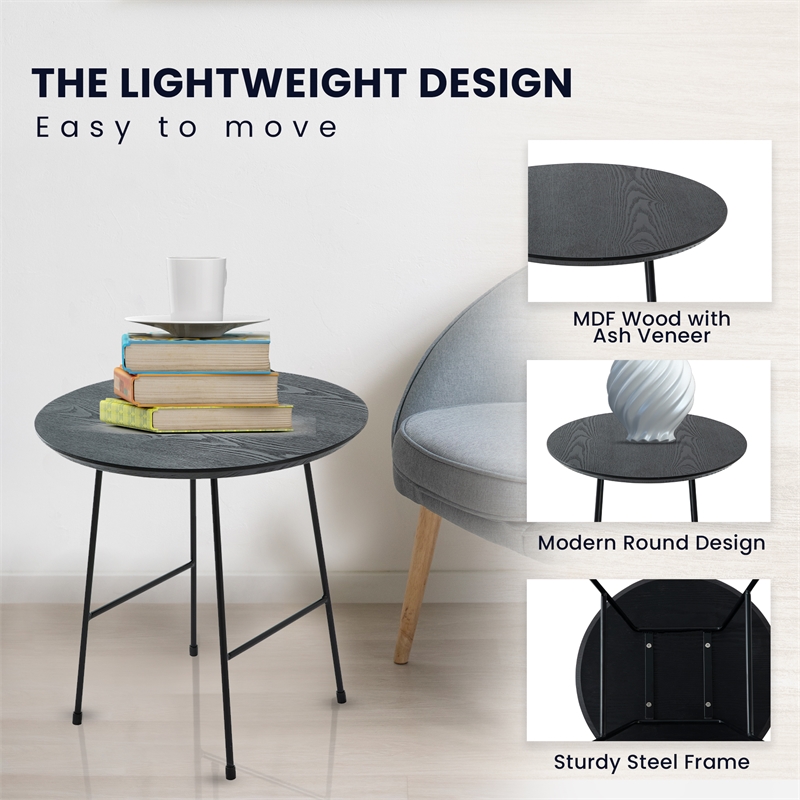 LeisureMod Rossmore Round Side Table With Wood Top and Black Frame Black