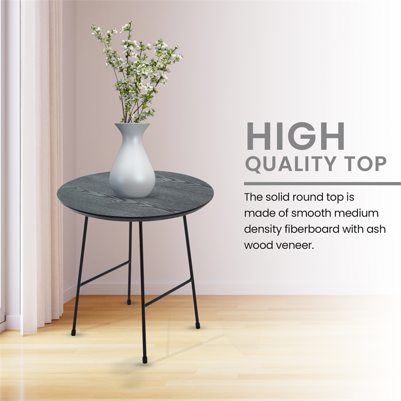 LeisureMod Rossmore Round Side Table With Wood Top and Black Frame Black