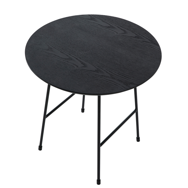 LeisureMod Rossmore Round Side Table With Wood Top and Black Frame Black