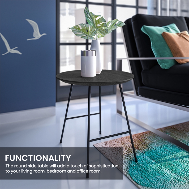 LeisureMod Rossmore Round Side Table With Wood Top and Black Frame Black